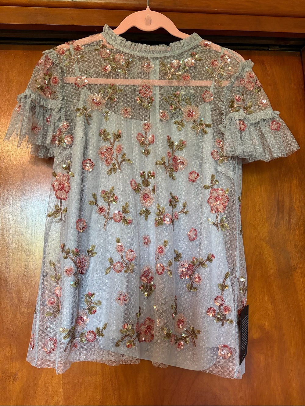 Needle & Thread Pale Blue/grey Floral Sequin Mesh Top